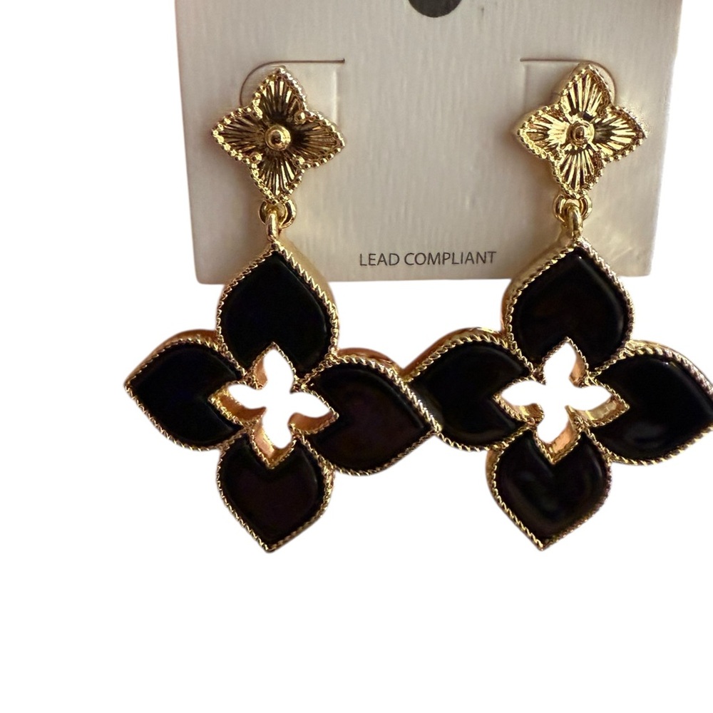 Elegant Black and Gold Floral Post Earrings